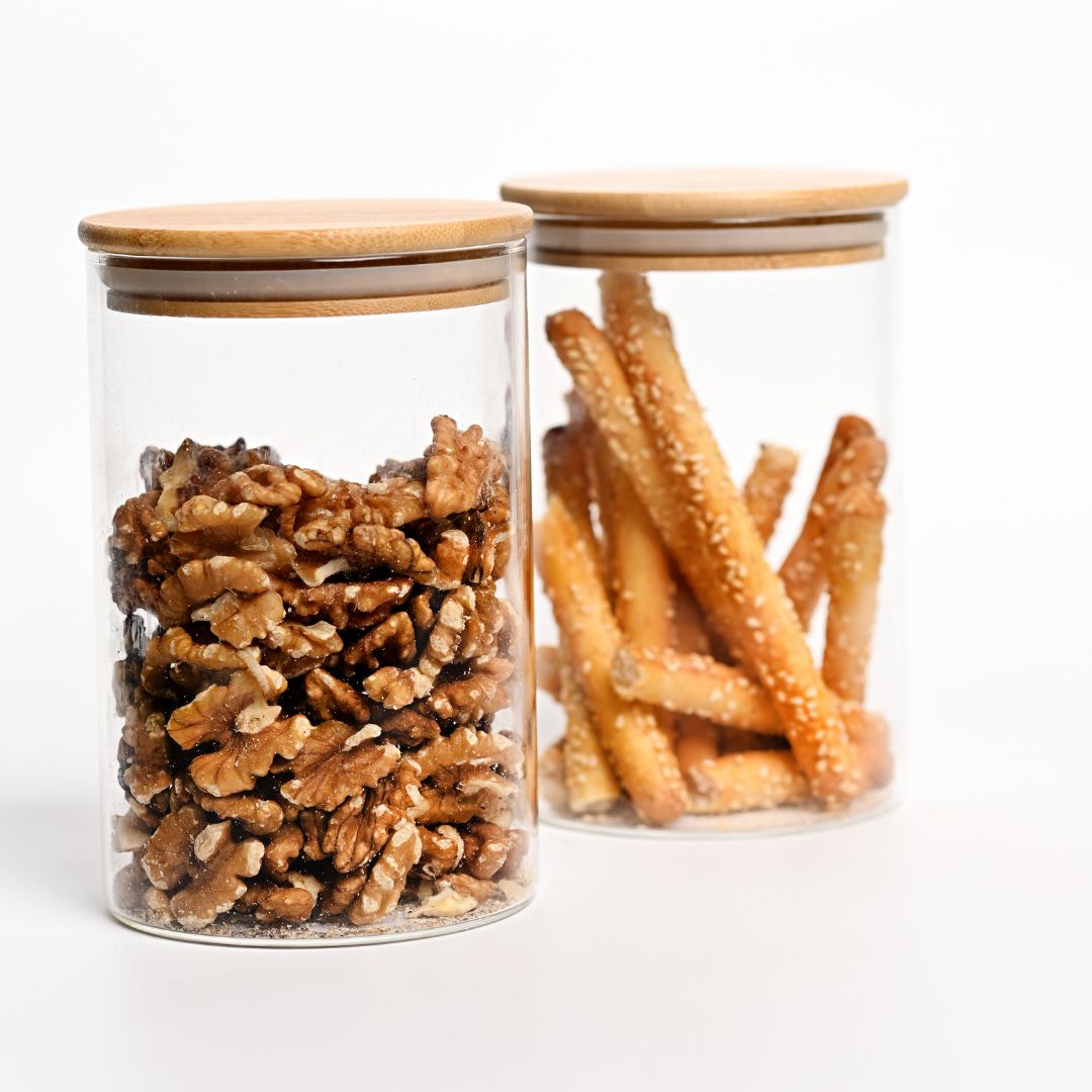 Round Glass Storage Jars with AirTight Bamboo Lids, Set of 2