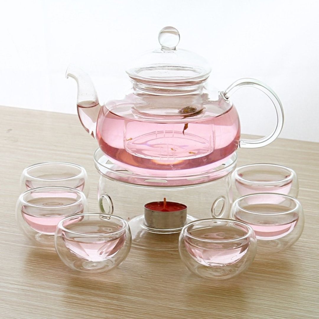 Heat Resistant Glass Teapot 1000ML With Teawarmer and 50 ML Double Wall Cups Set Of 6