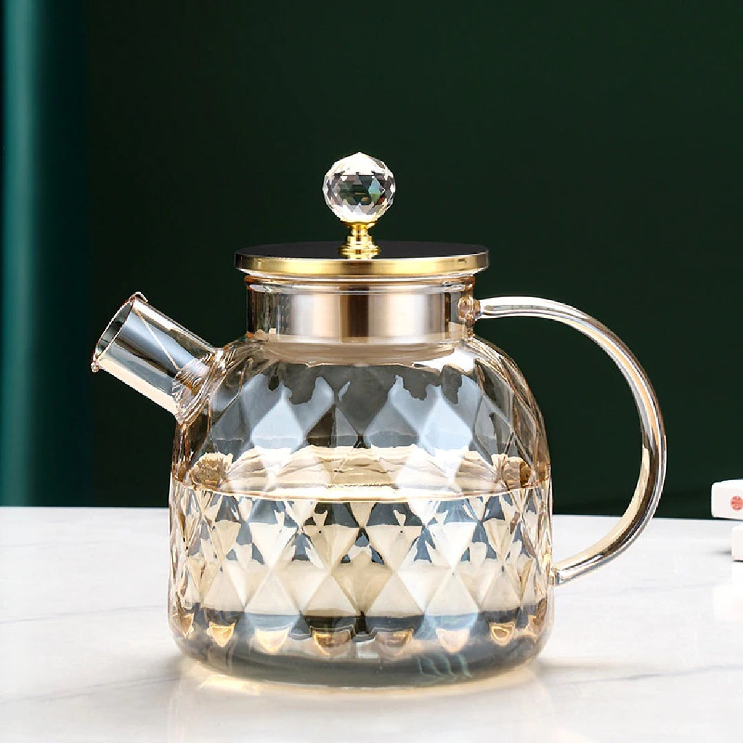 Glowing Diamond Glass Tea pot with Fine Mesh Stainless Steel infuser and a  Teapot Warmer