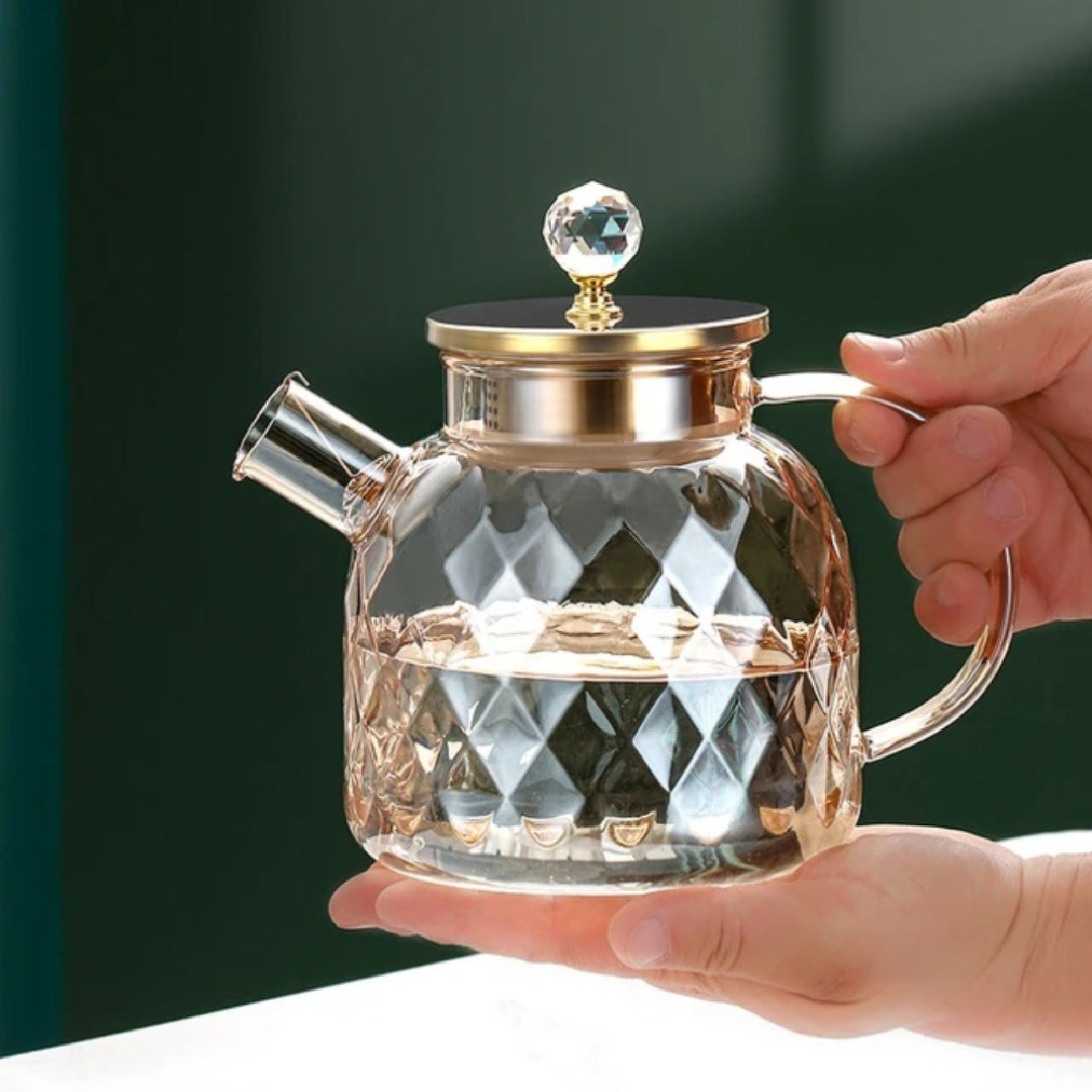 Heat Resistant Diamond Pattern Glass Teapot 1200 ML With Stainless Steel Strainer Lid And Infuser