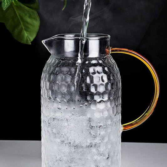 Hammered Pattern Water Pitcher 1800 ML With Bamboo Lid And Stainless Steel Strainer Heat Resistant Glass