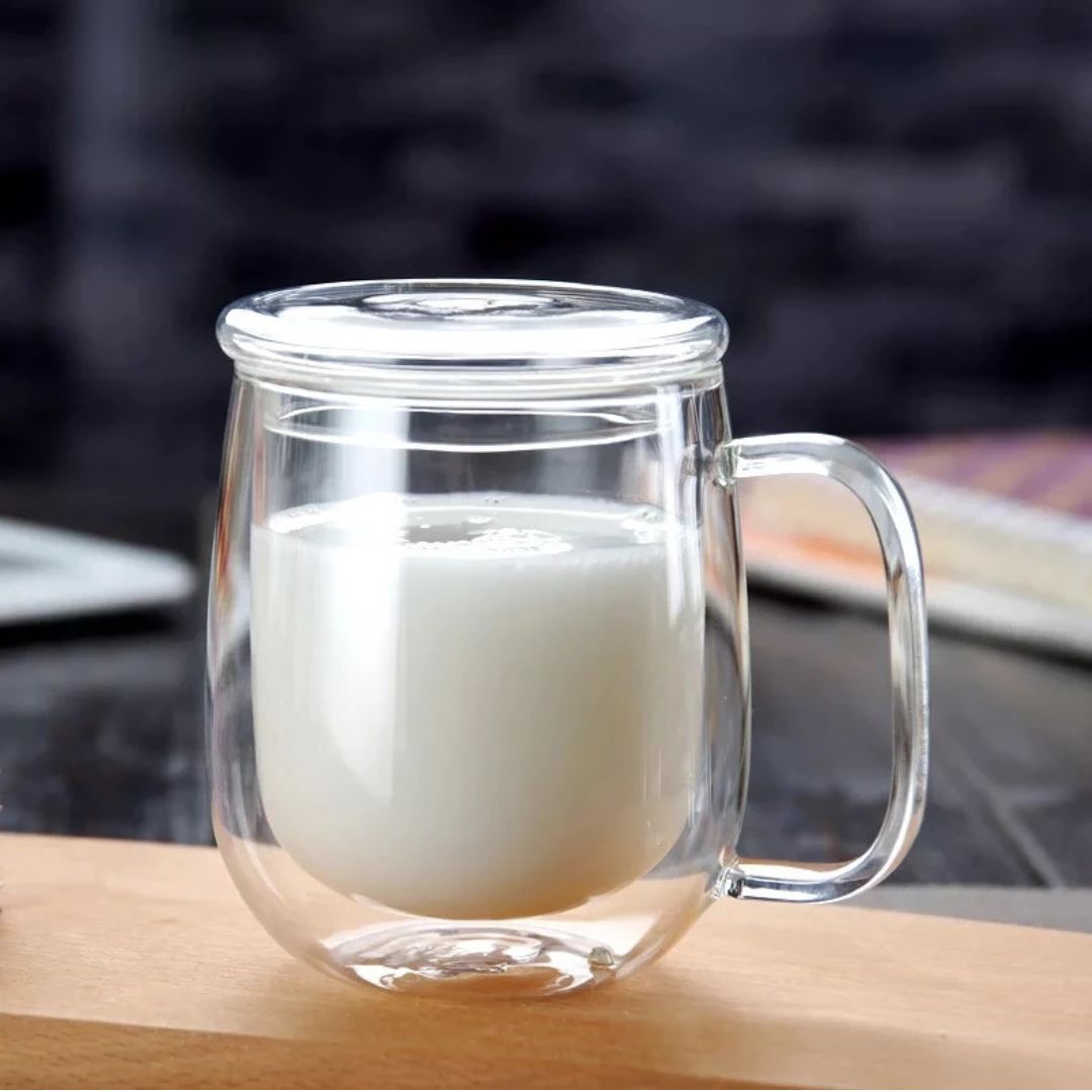 Double Wall Insulated Glass Mug With Glass Lid 350 ML (Set of 2)