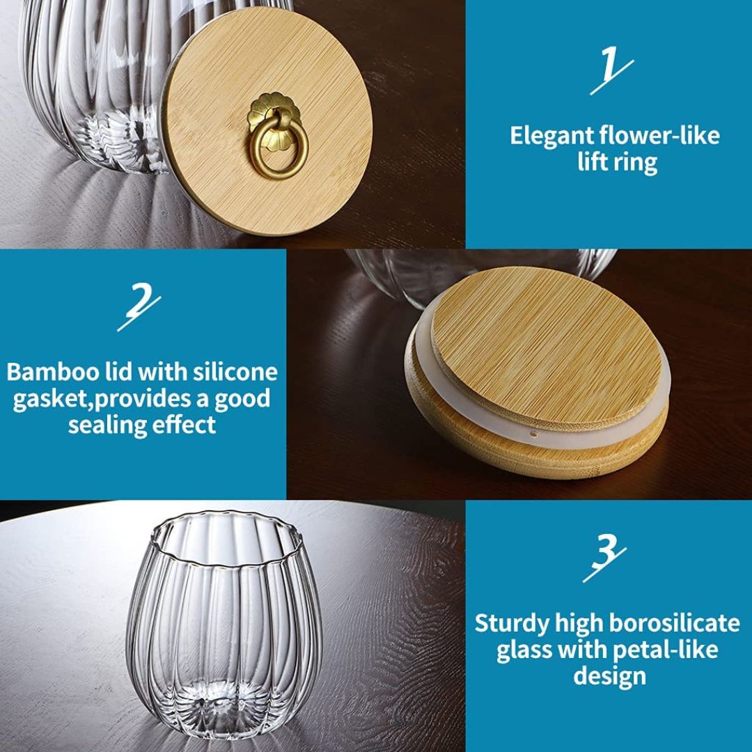 Borosilicate Glass Storage Jar With Airtight Bamboo Lid and Metal Handle , Oval,Taper, Oval & Conical Set Of 2