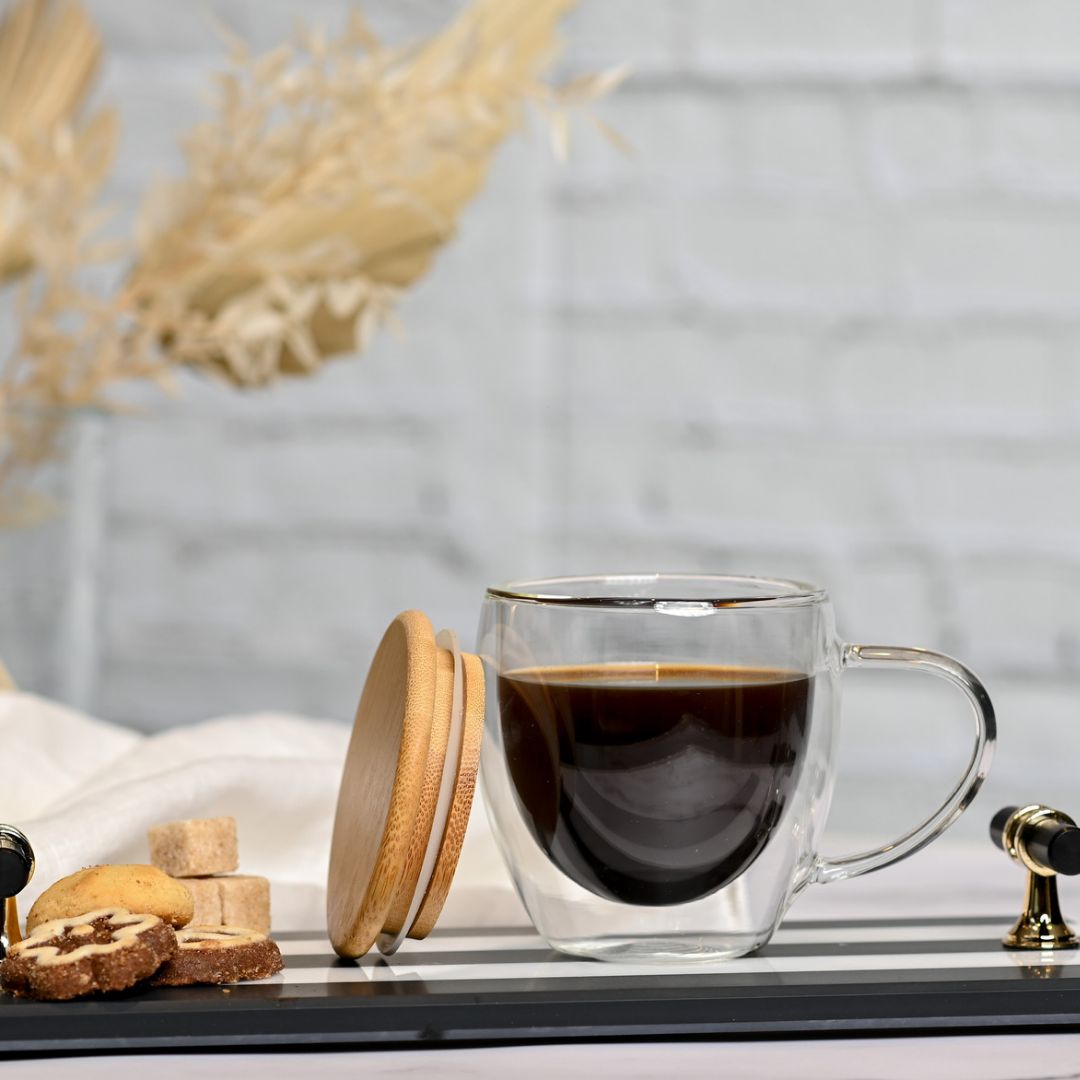 Double Wall Glass Coffee Mug with Bamboo Lid 250 ML