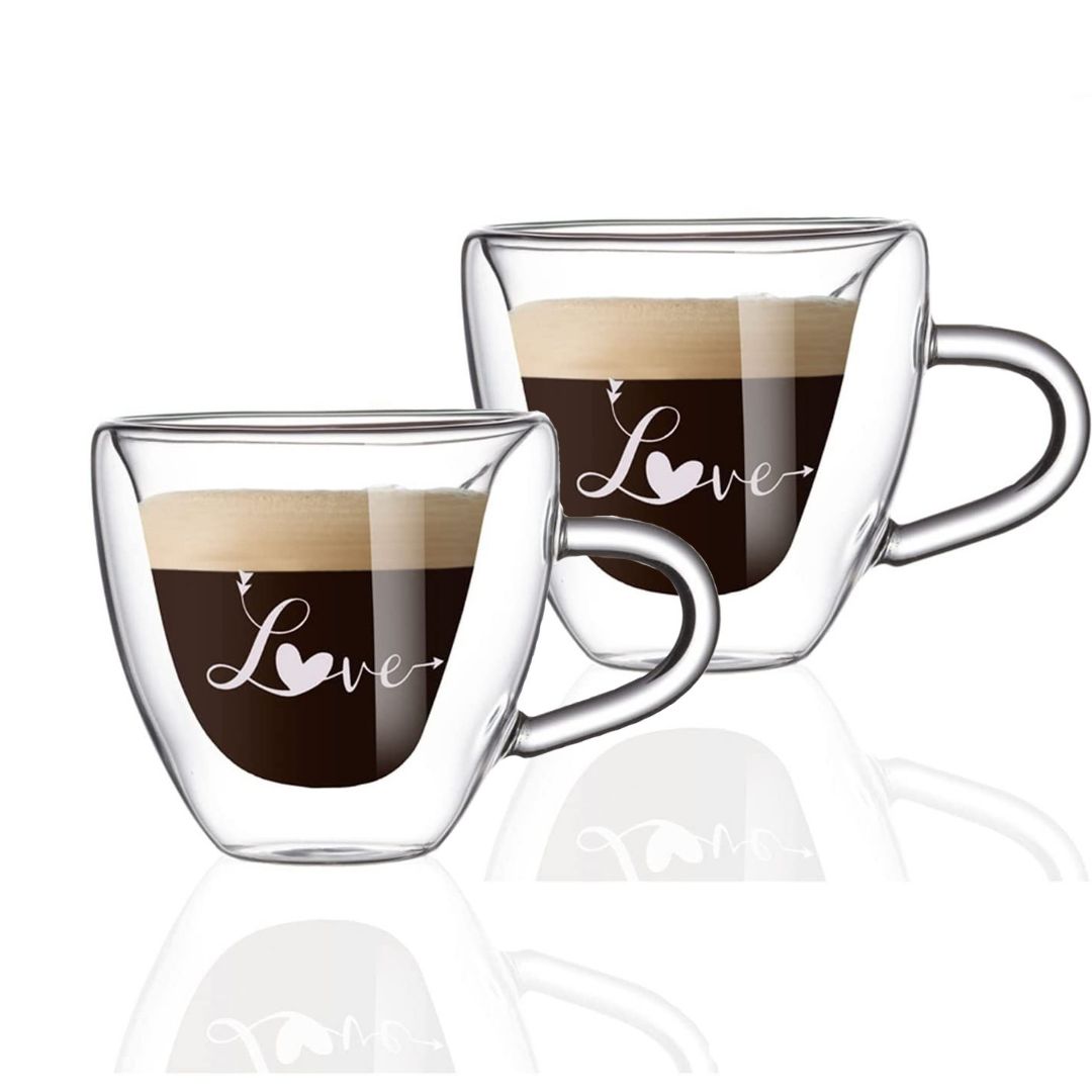 Double Wall Heart-Shaped Glass Mug Set – 180ML (2 Pcs) – ‘Love’ Printed Design with Handle – Romantic Gift for Valentine’s, Anniversary & Special Occasions