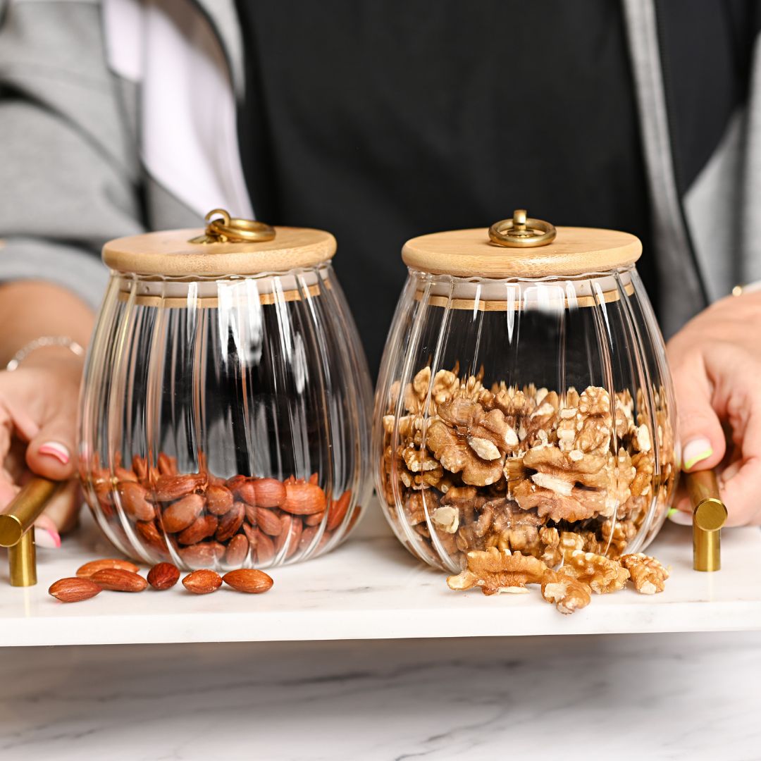 Borosilicate Glass Storage Jar With Airtight Bamboo Lid and Metal Handle , Oval,Taper, Oval & Conical Set Of 2