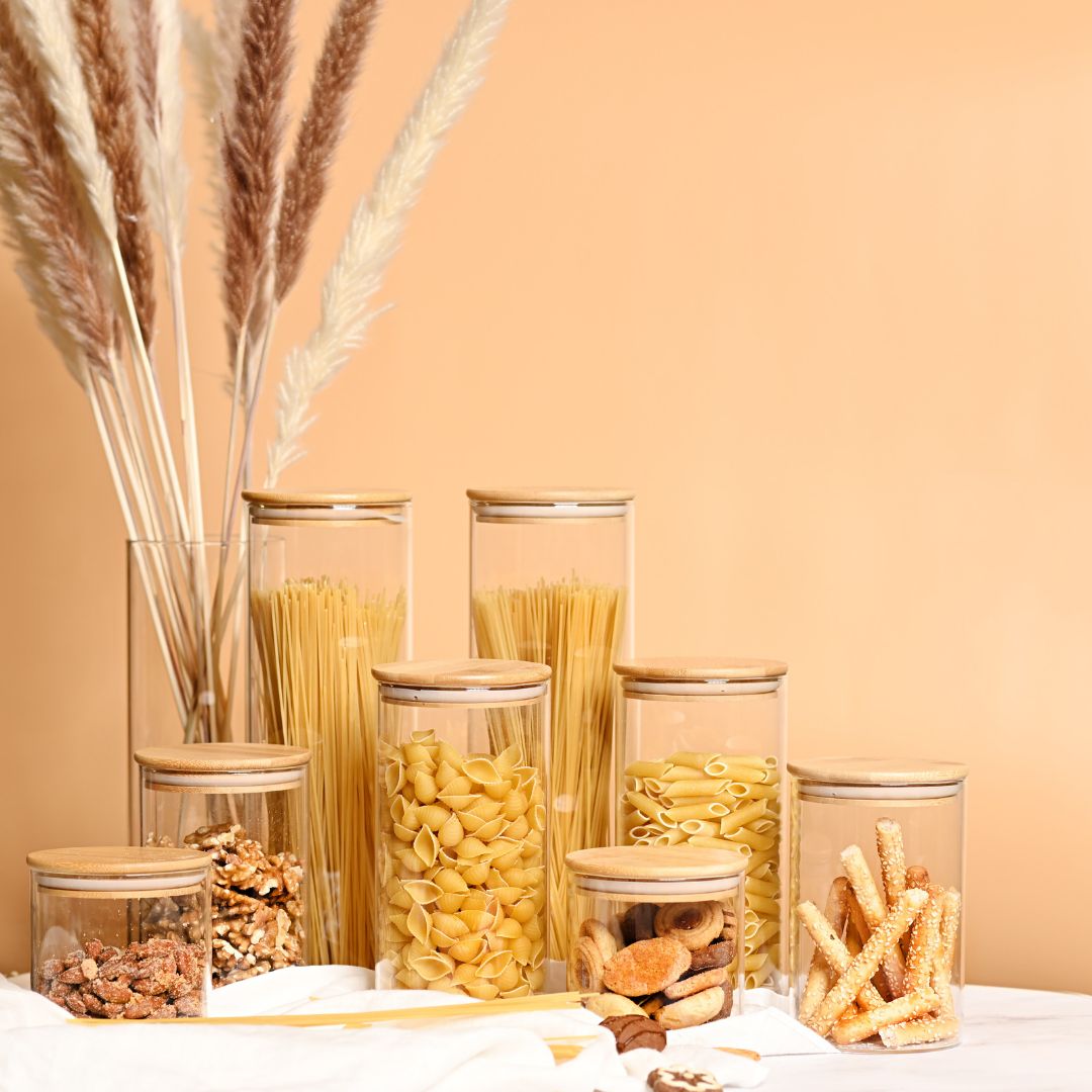 Round Glass Storage Jars with AirTight Bamboo Lids, Set of 2
