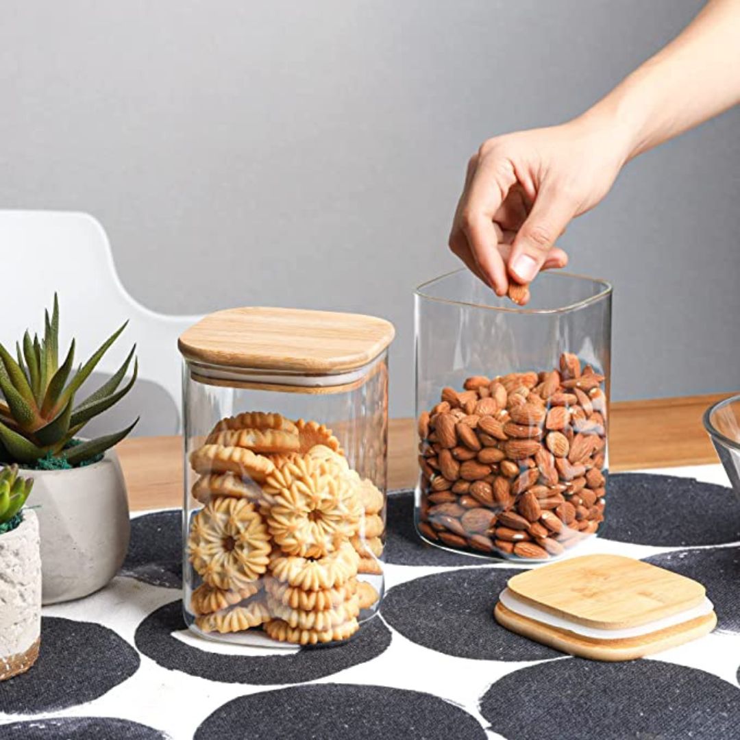 Square Glass Storage Jar with Air tight Bamboo Lid, Set Of 3