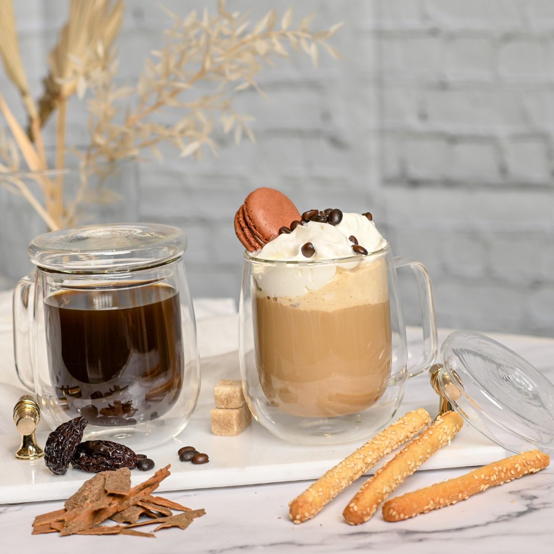 Double Wall Insulated Glass Mug With Glass Lid 350 ML (Set of 2)