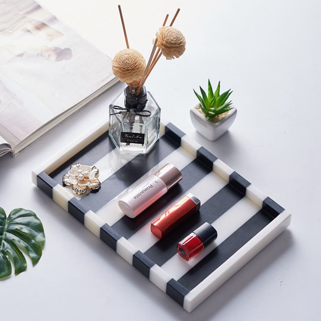 Black and White Stripe Natural Marble Decorative Vanity Tray With Edge 30x20 CM