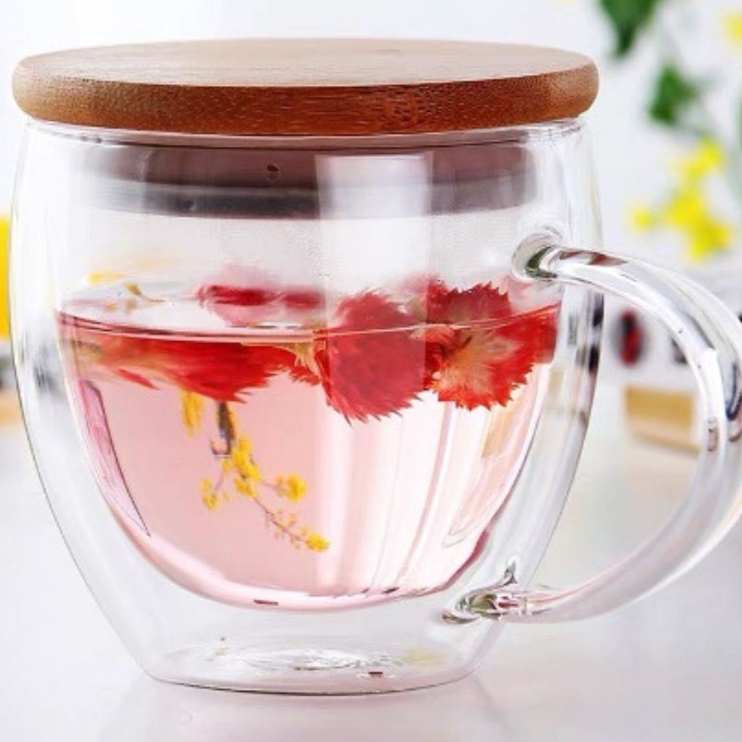 Double Wall Glass Coffee Mug with Bamboo Lid 250 ML