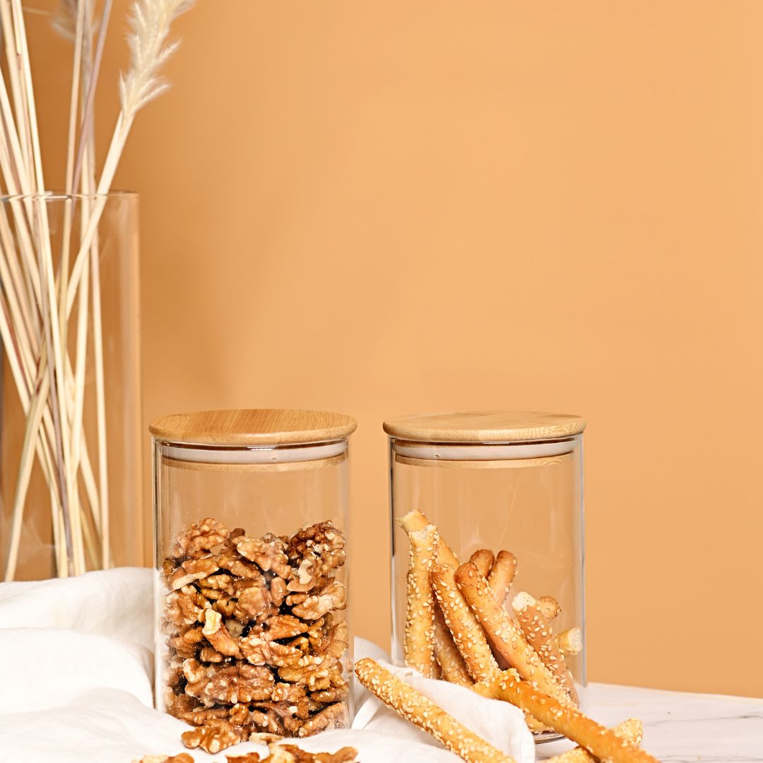 Round Glass Storage Jars with AirTight Bamboo Lids, Set of 2