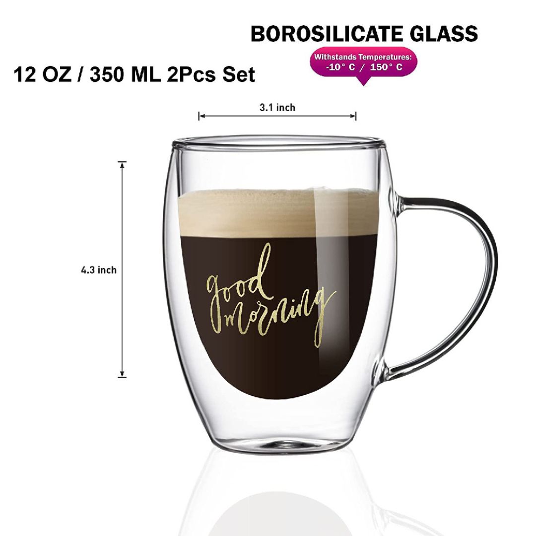 Double Wall Good Morning Printed Glass Mugs 350 ML (Set of 2)