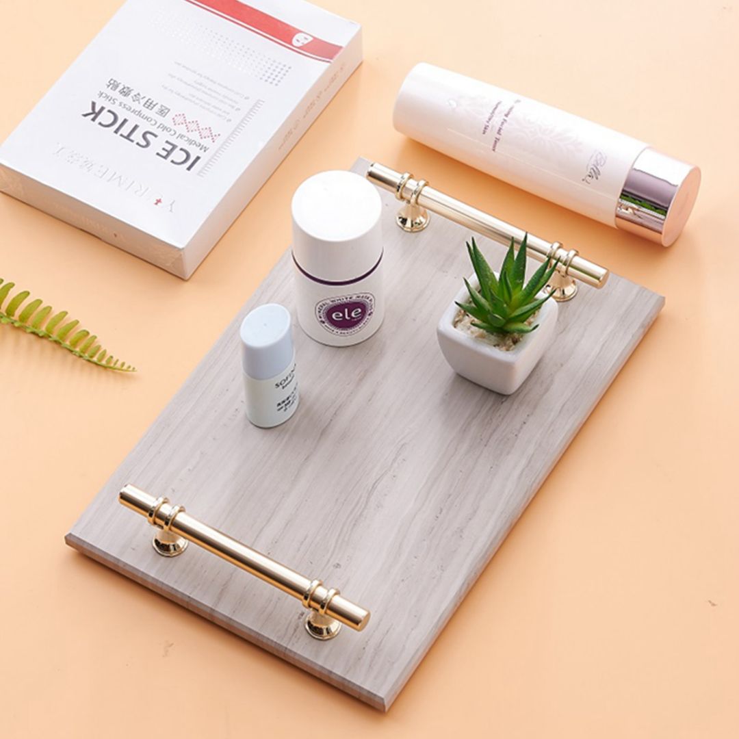 Natural Marble Trinket Vanity Tray with Wood Grain Look And Gold Handle 30x20 CM