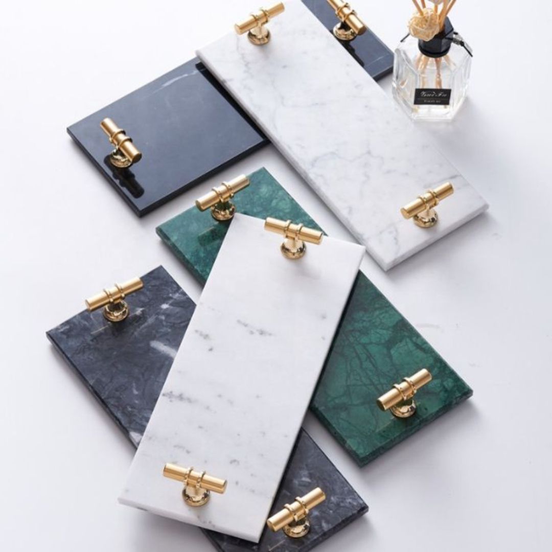 Rectangular Natural Marble Tray with Gold T Shaped Handles- White