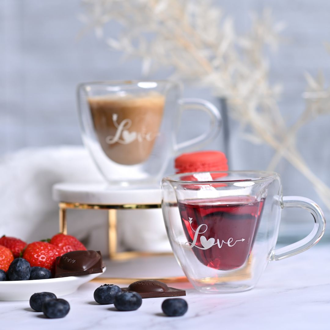 Double Wall Heart-Shaped Glass Mug Set – 180ML (2 Pcs) – ‘Love’ Printed Design with Handle – Romantic Gift for Valentine’s, Anniversary & Special Occasions