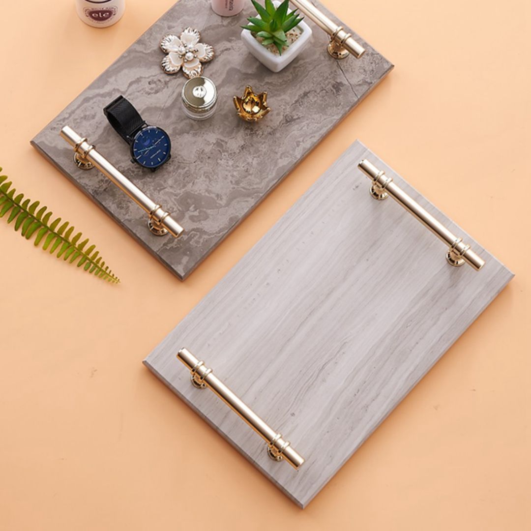 Natural Marble Trinket Vanity Tray with Wood Grain Look And Gold Handle 30x20 CM
