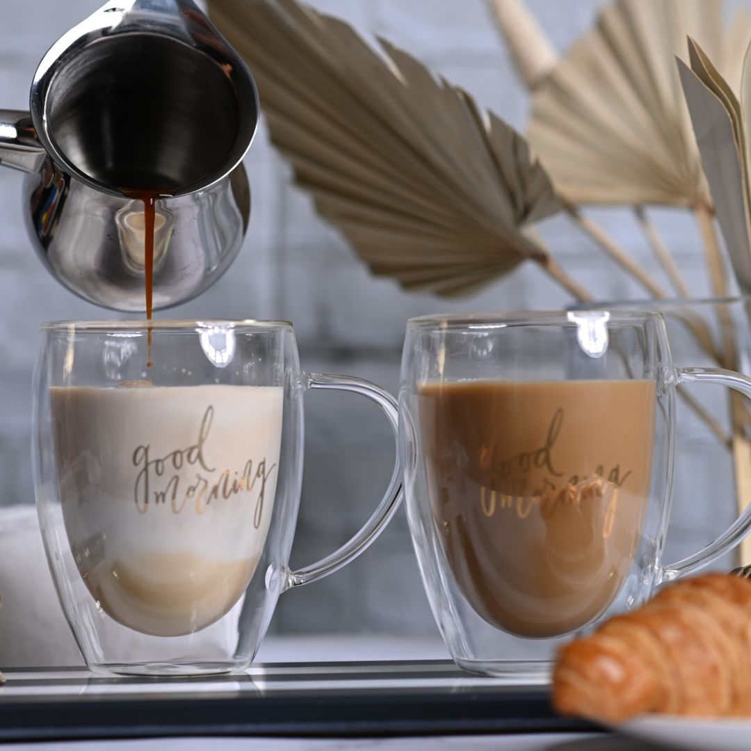Double Wall Good Morning Printed Glass Mugs 350 ML (Set of 2)
