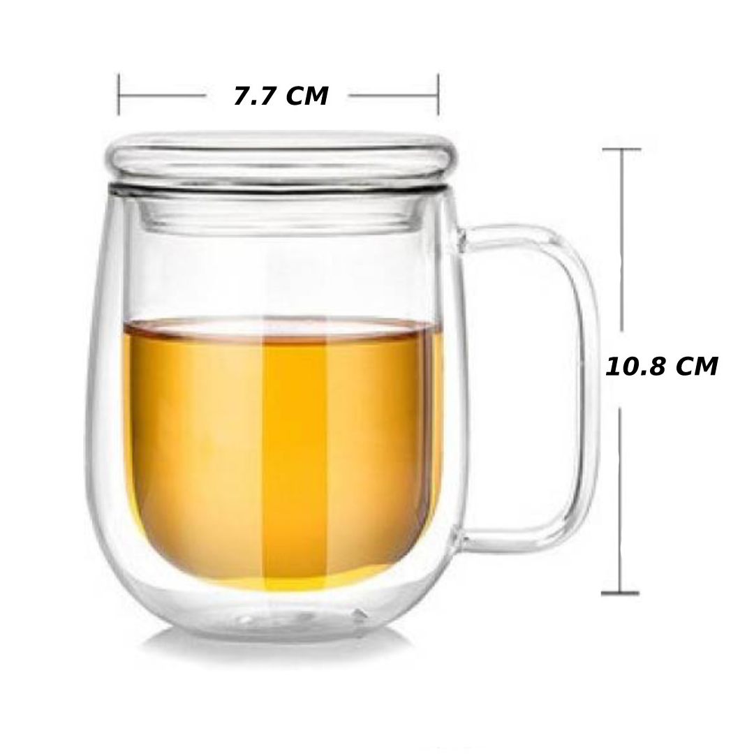 Double Wall Insulated Glass Mug With Glass Lid 350 ML (Set of 2)