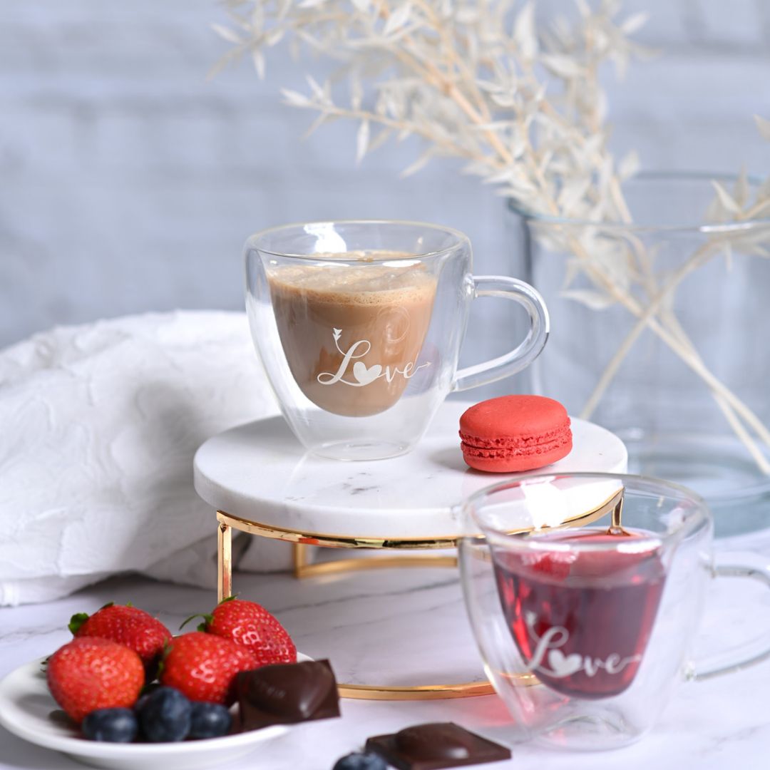 Double Wall Heart-Shaped Glass Mug Set – 180ML (2 Pcs) – ‘Love’ Printed Design with Handle – Romantic Gift for Valentine’s, Anniversary & Special Occasions