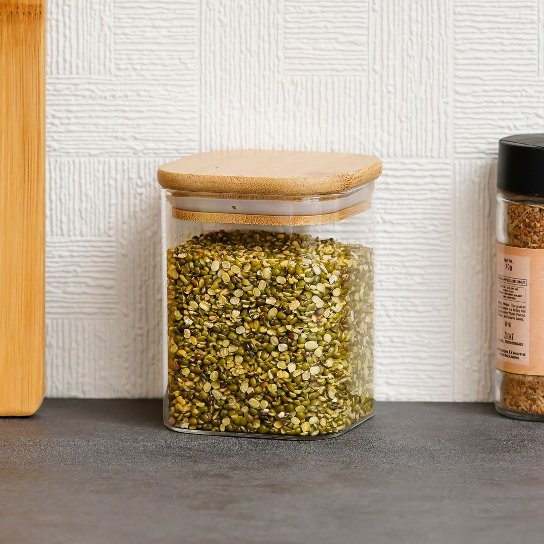 Square Glass Storage Jar with Air tight Bamboo Lid, Set of 2
