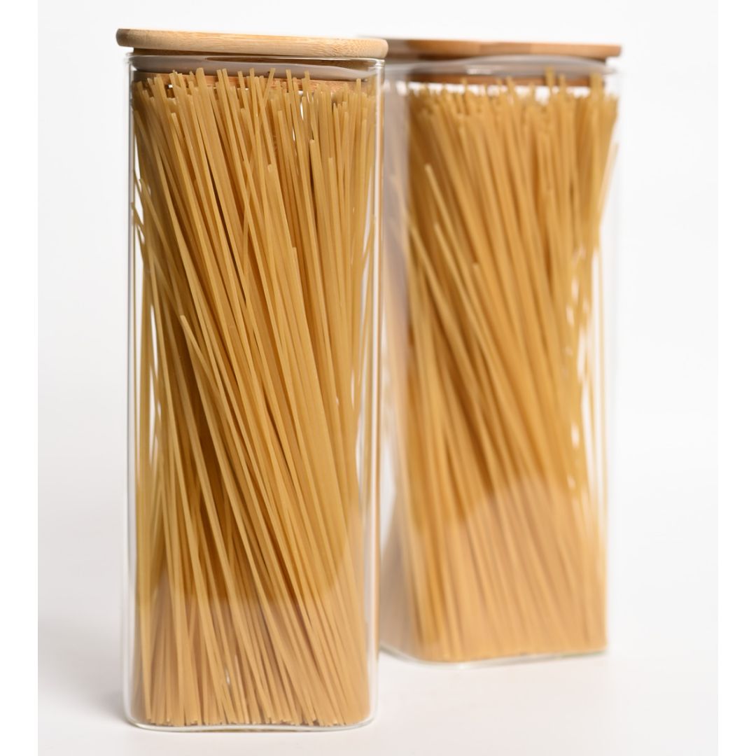 Square Glass Storage Jar with Air tight Bamboo Lid, Set of 2