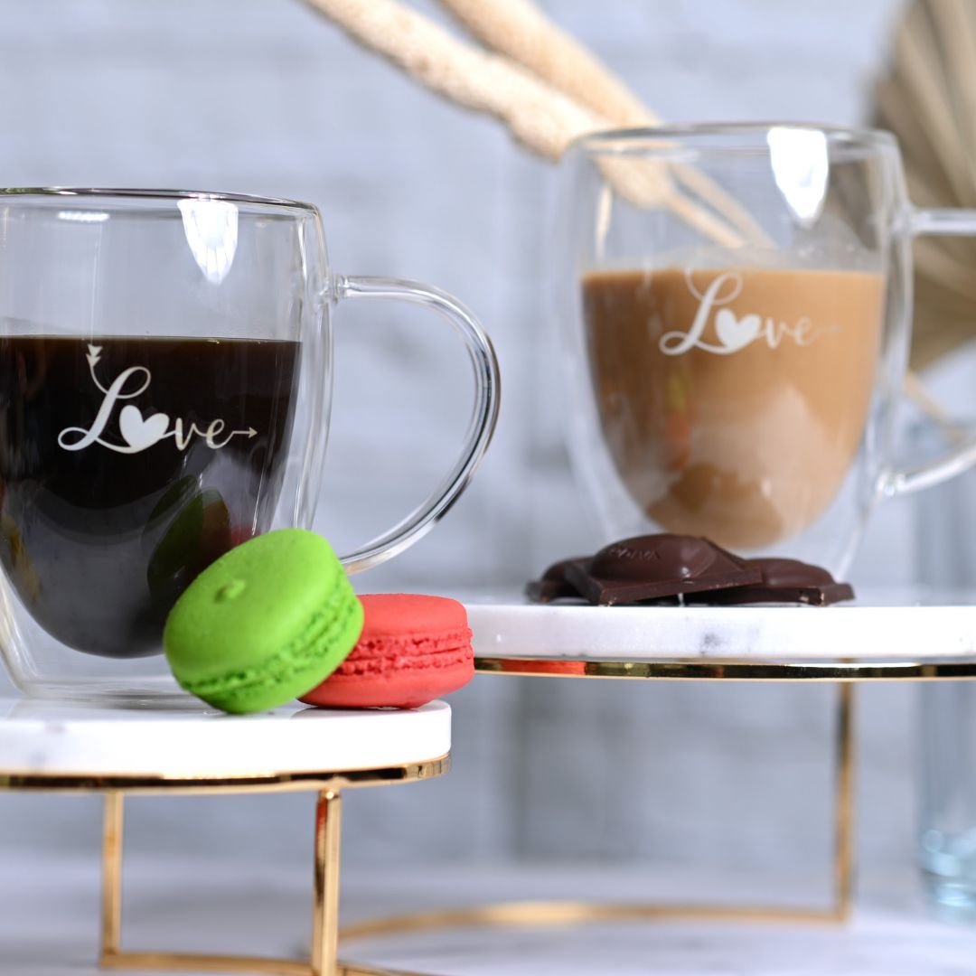 Cốc thủy tinh in chữ "LOVE" treo tường, Bộ 2 chiếc, 350 ML