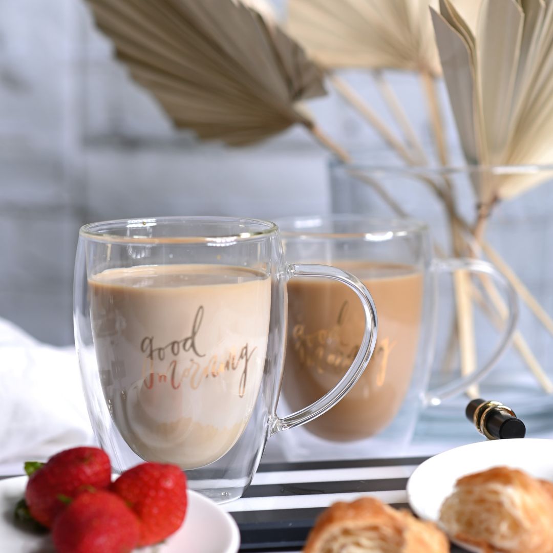 Double Wall Good Morning Printed Glass Mugs 350 ML (Set of 2)
