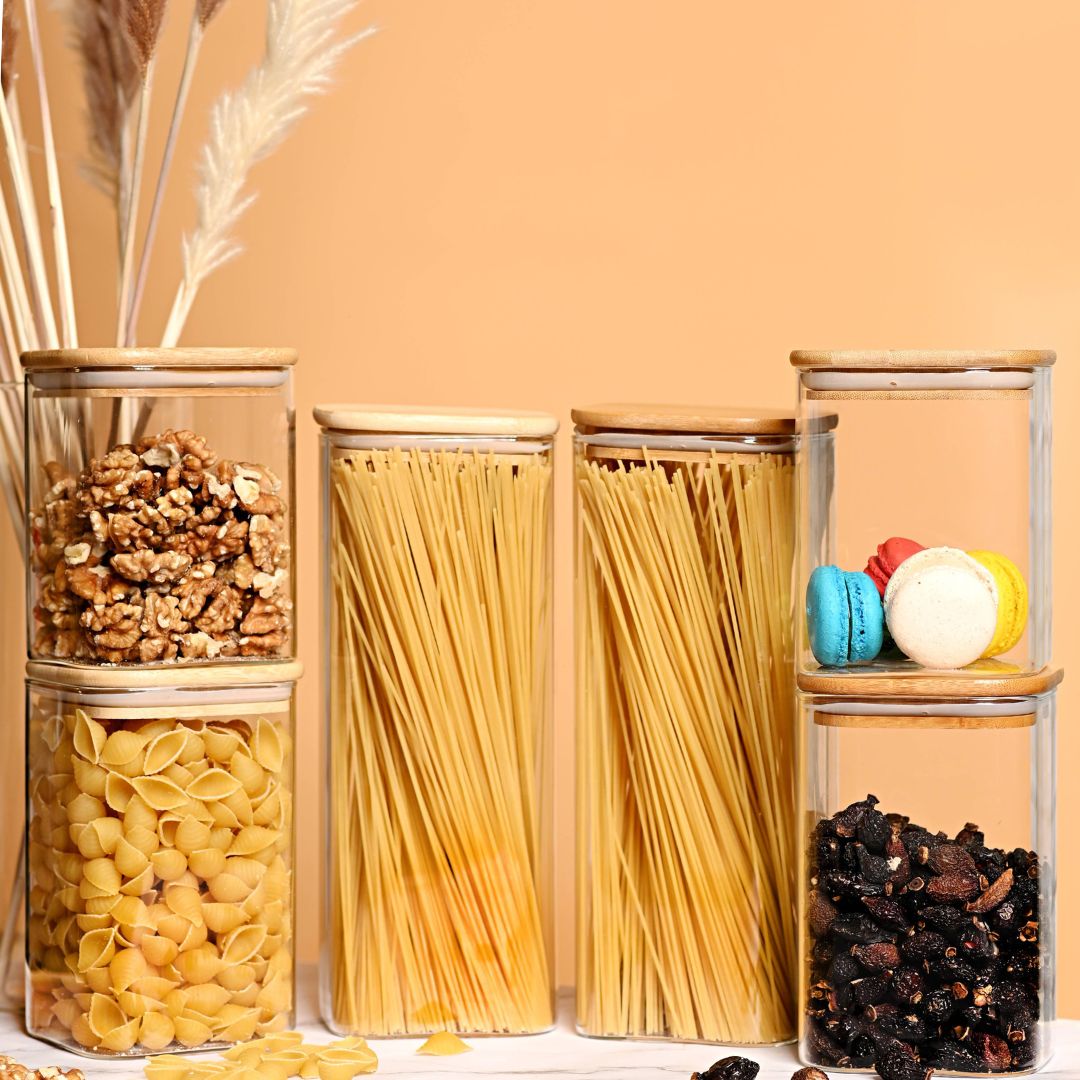 Square Glass Storage Jar with Air tight Bamboo Lid, Set of 2