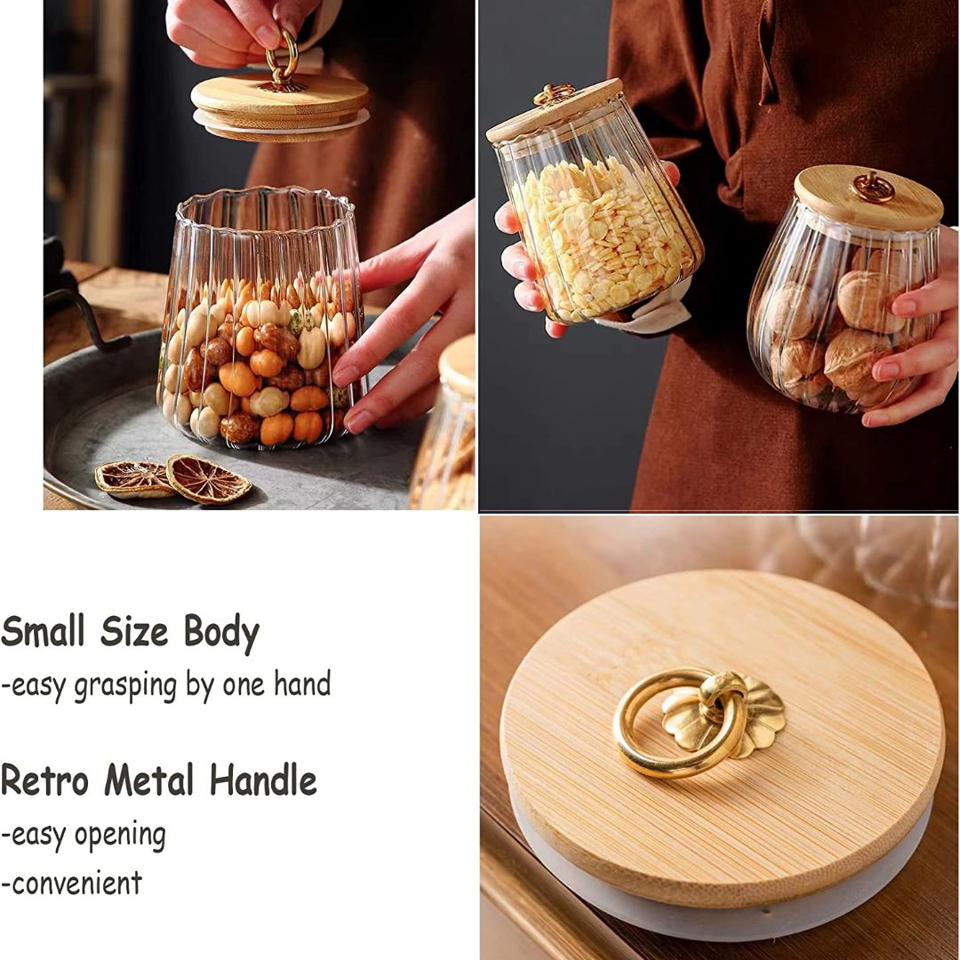 Borosilicate Glass Storage Jar With Airtight Bamboo Lid and Metal Handle , Oval,Taper, Oval & Conical Set Of 2