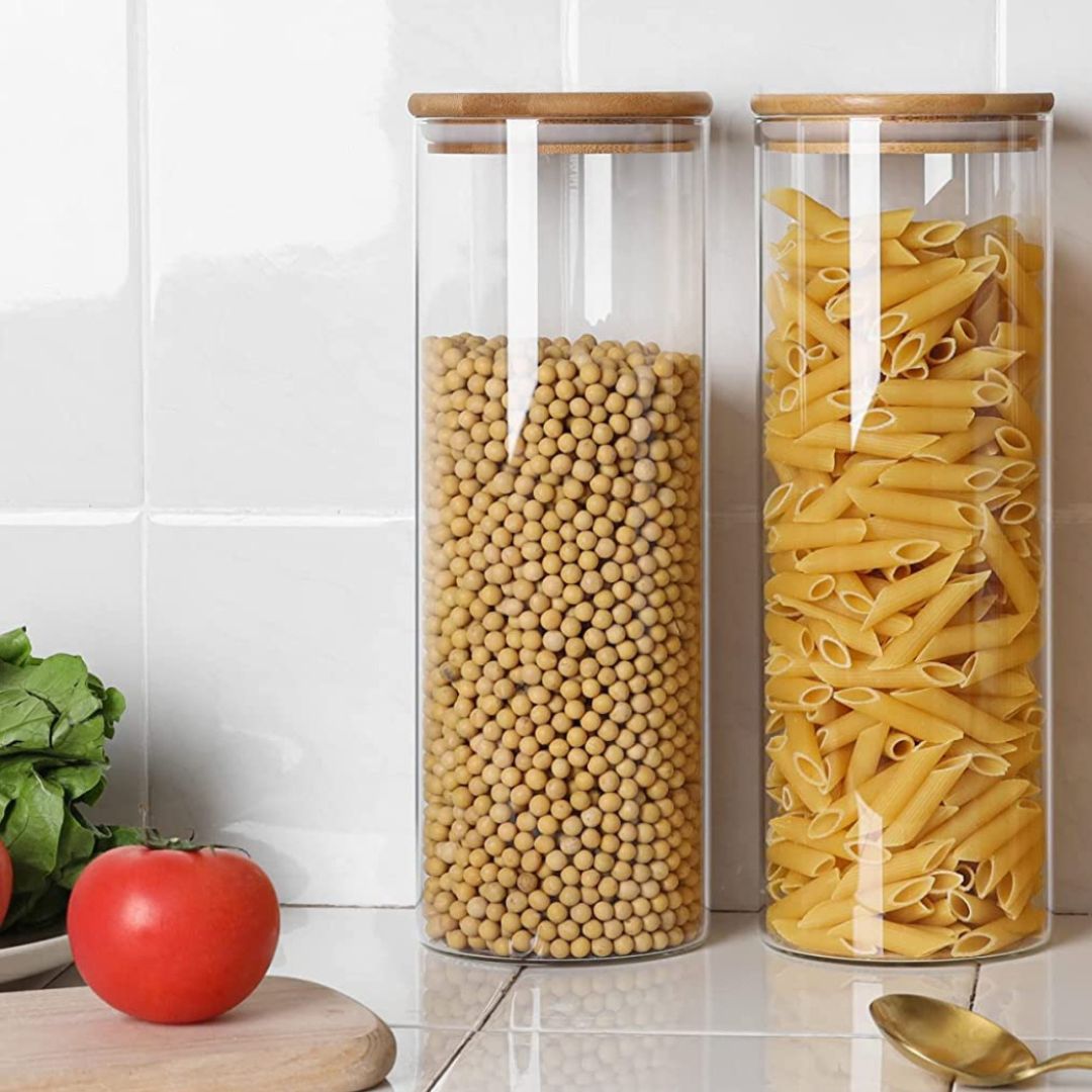Round Glass Storage Jars with AirTight Bamboo Lids, Set of 2