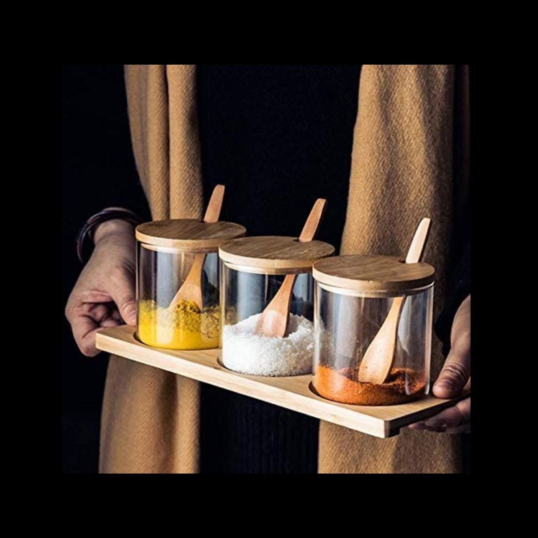 3 Pcs Spice Condiment Container Canister Pots with Wooden Base, Spoon and Lid 300 ML
