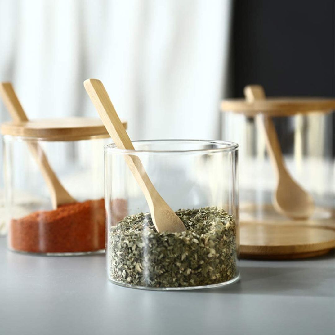 3 Pcs Spice Condiment Container Canister Pots with Wooden Base, Spoon and Lid 300 ML