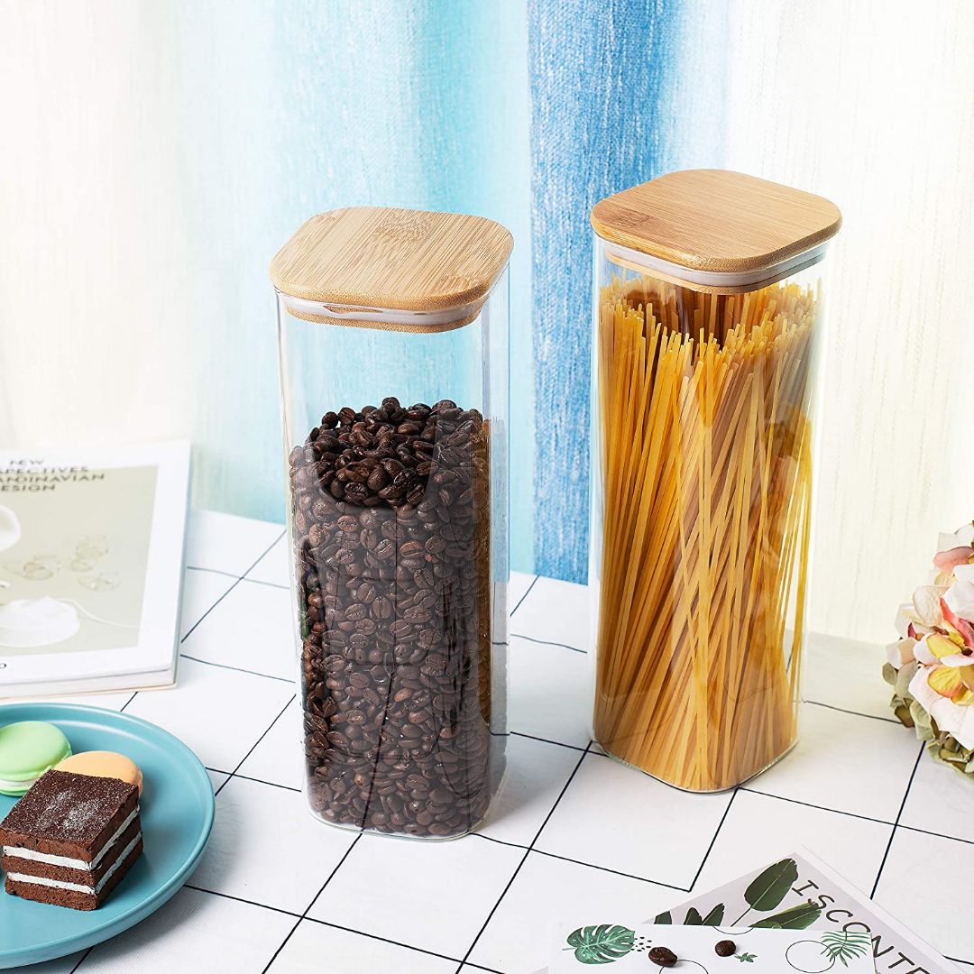 Square Glass Storage Jar with Air tight Bamboo Lid, Set of 2