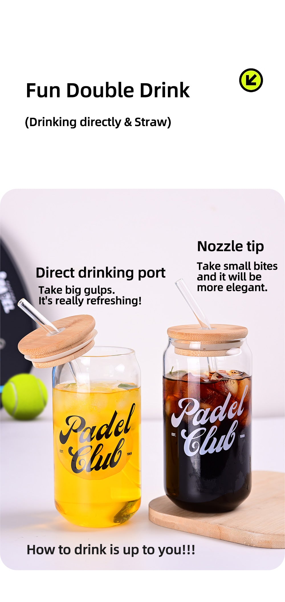 1CHASE Padel Club Sipper Glasses With Bamboo Lid & Glass Straw, 550ML (Set of 2) | Mason Jar Can-Shaped Tumblers | Printed Padel Club Sipper for Juice, Coffee, Iced Tea & Smoothies
