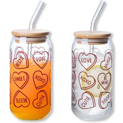 Valentine's Day Themed Drinking Glasses with Bamboo Lids – 550ml Set of 2 | Perfect Gift for Couples | Valentine's Gift Glass