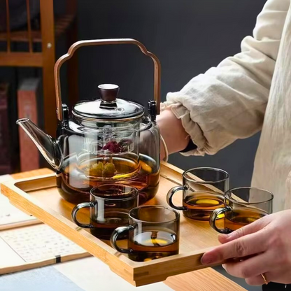 Borosilicate Glass Teapot – Smokey Grey 1000 ML, Heat-Resistant with Acica Wooden Handle & Strainer – Compatible with Electric Stoves