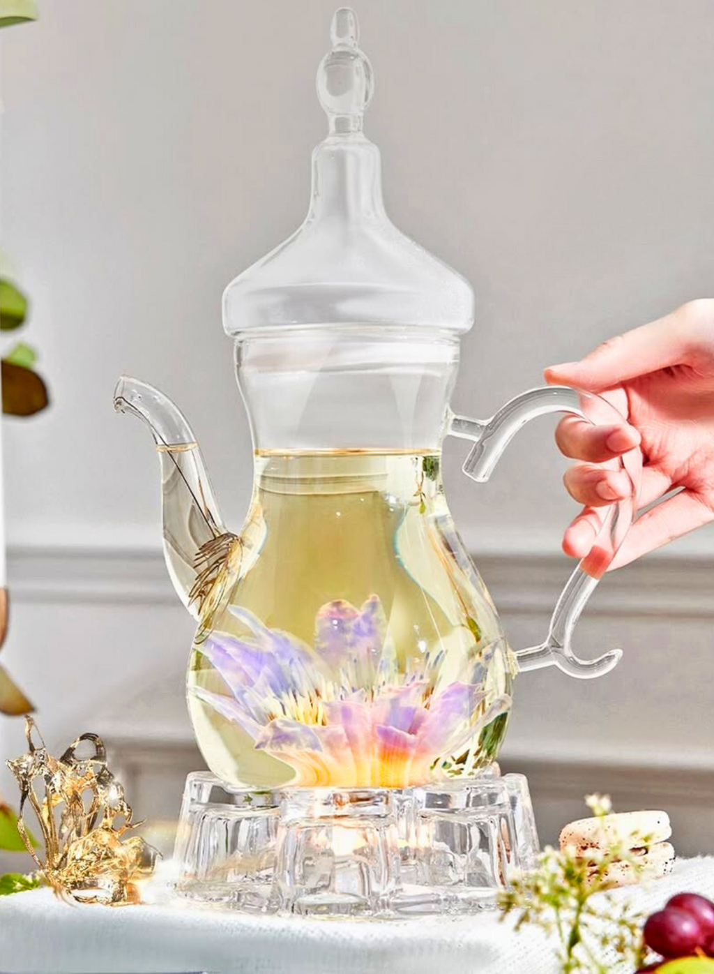 Arabic Tea Set – 1000ML Teapot with Heart-Shaped Warmer – Ideal Tea Set for Ramadan & Special Occasions, Elegant Tea Set