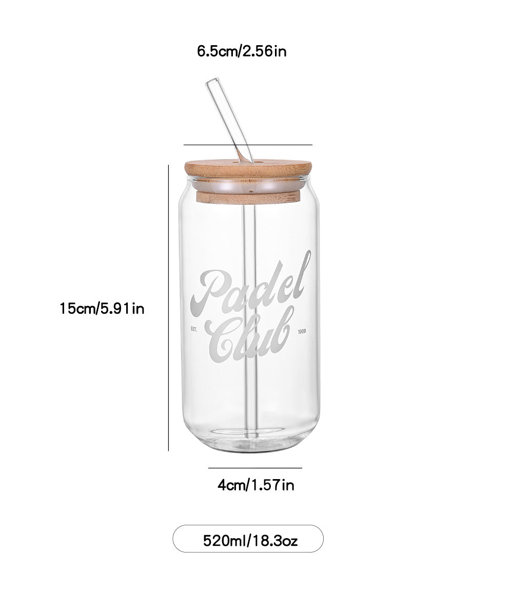 1CHASE Padel Club Sipper Glasses With Bamboo Lid & Glass Straw, 550ML (Set of 2) | Mason Jar Can-Shaped Tumblers | Printed Padel Club Sipper for Juice, Coffee, Iced Tea & Smoothies