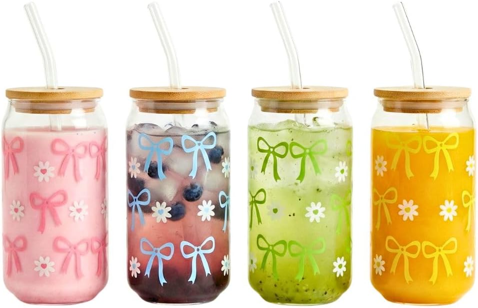 450ML Sipper Glass with Bow Print Set of 4, Mason Jar with Bamboo Lids & Glass Straws