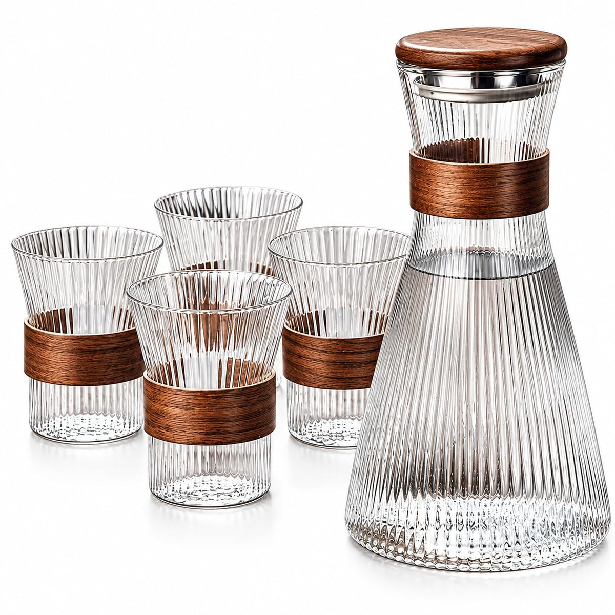 Water and Drinks Carafe 1500ml with 4 Glasses 350ml , Ribbed Drinking Set