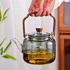 Borosilicate Glass Teapot – Smokey Grey 1000 ML, Heat-Resistant with Acica Wooden Handle & Strainer – Compatible with Electric Stoves