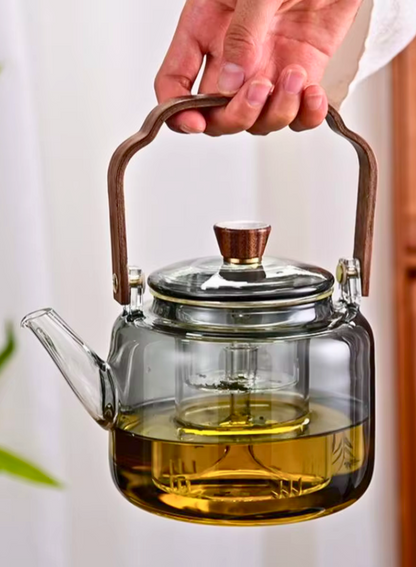 1Chase Borosilicate Glass Teapot – Smokey Grey 1000 ML, Heat-Resistant with Acica Wooden Handle & Strainer – Compatible with Electric Stoves