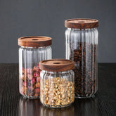 Stripe Glass Food Storage Jar With Acacia Wood Air Tight Lid, Set Of 2