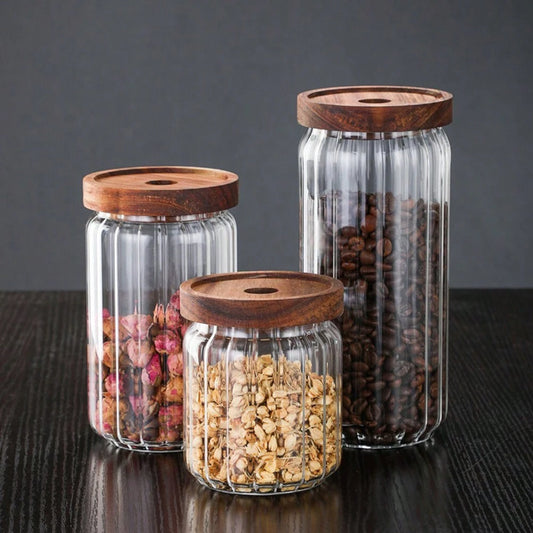 Stripe Glass Food Storage Jar With Acacia Wood Air Tight Lid, Set Of 2