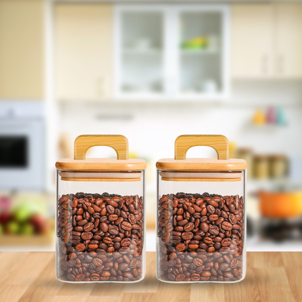 Square Glass Storage Jars with Acacia Wood Lids – Set of 2 (900ml) Large Pantry Containers with Handle Lids for Pasta, Oats, Flour, Cookies, Coffee, Rice & More