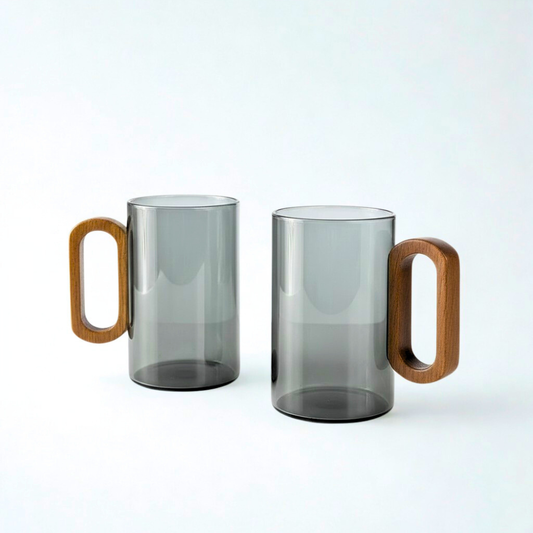 Smoky Grey Borosilicate Glass Mugs with Walnut Acacia Wooden Handle – 350ML (Set of 4)