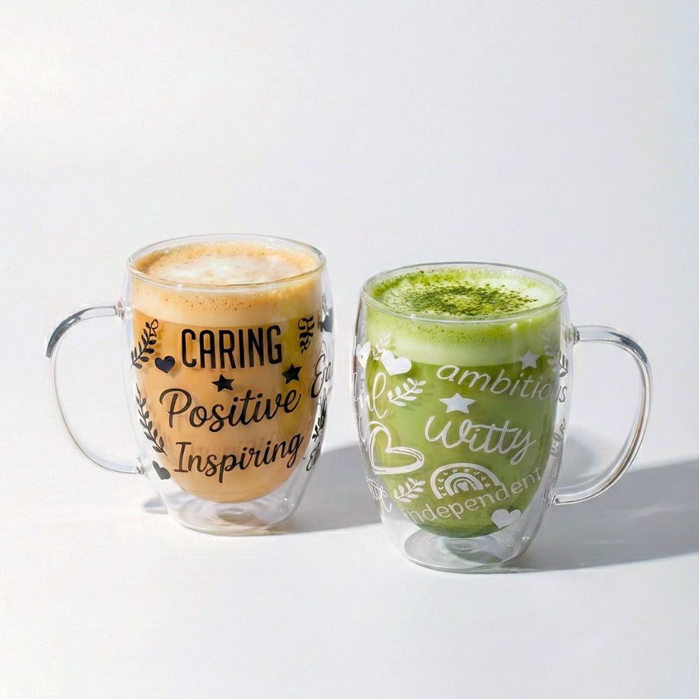 Borosilicate Double Wall Themed Coffee Cup with Handle and Straw 350 ML (Set of 2), Double Insulated Glass Cup for Hot Cold Beverages, Cappuccino (Positive Quotes)