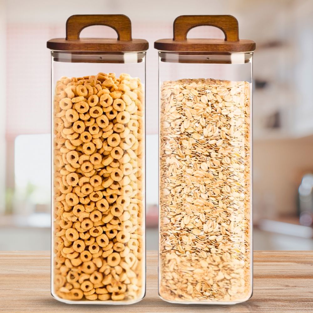 Square Glass Storage Jars with Acacia Wood Lids – Set of 2 (1800ml) Large Pantry Containers with Handle Lids for Pasta, Oats, Flour, Cookies, Coffee, Rice & More