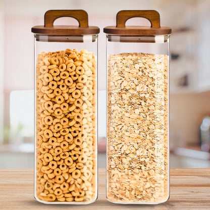 Square Glass Storage Jars with Acacia Wood Lids – Set of 2 (1800ml) Large Pantry Containers with Handle Lids for Pasta, Oats, Flour, Cookies, Coffee, Rice & More